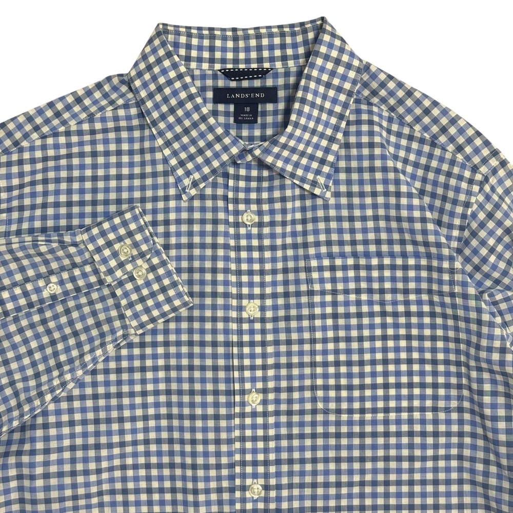 Lands' End Shirt Boys 18 Blue Gingham Button Up Long Sleeve 100% Cotton Casual